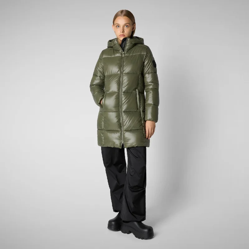 Women's Hooded Animal free Puffer Jacket Ines in Laurel Green Corduroy Jacket Velvet Jacket Brocade Jacket