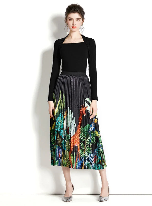 RETRO SQUARE NECK LONG SLEEVE TOP+PRINTED PLEATED SKIRT SUIT pleated skirt texture