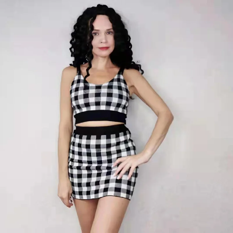 2pcs/set Women's Knit Suit Plaid Camisole Hip Skirt Two-piece Set bodycon Short Skirt Two-piece Women Outfits pencil skirt chic