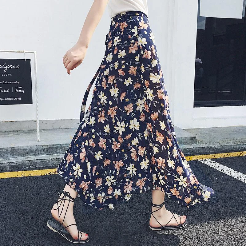 A piece of cloth Long Floral Chiffon Casual Skirt Women Summer Chiffon Wrap Skirt Long Beach Skirt elastic waist skirt