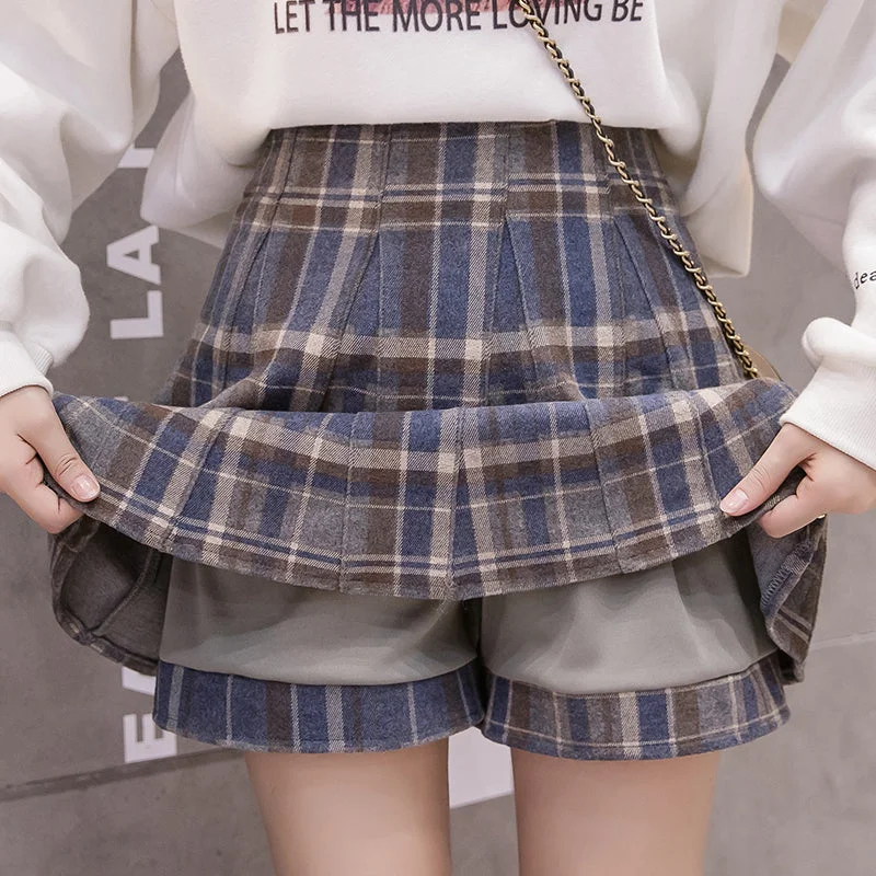 Woolen plaid pleated skirt PL52151 leather skirt refined