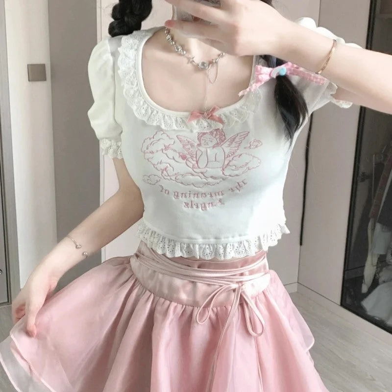 Angel sweet lace T-shirt + tutu skirt PL53362 silk skirt sleek