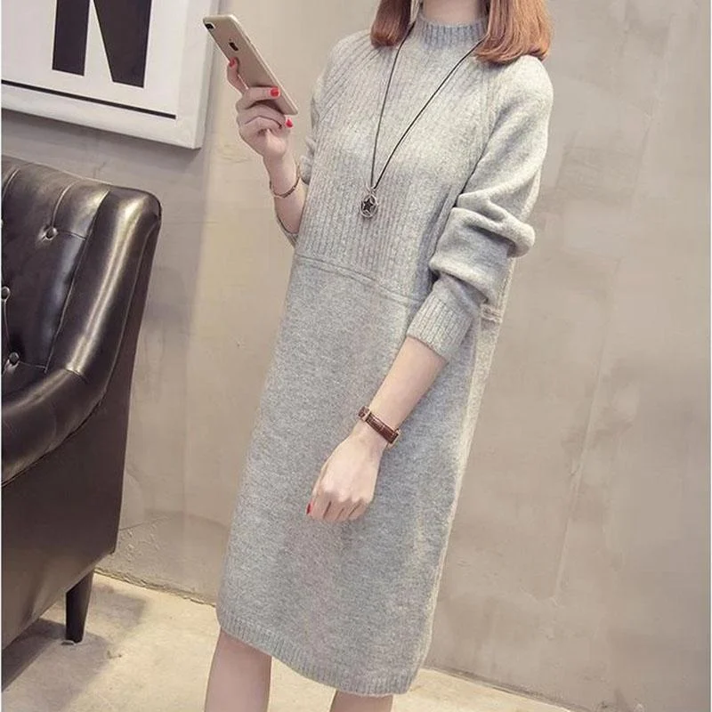 Autumn and Winter Half Turtleneck Sweater Mid-length Loose Solid Color Bottoming Shirt Fashion Casual Sweater Skirt denim skirt classic