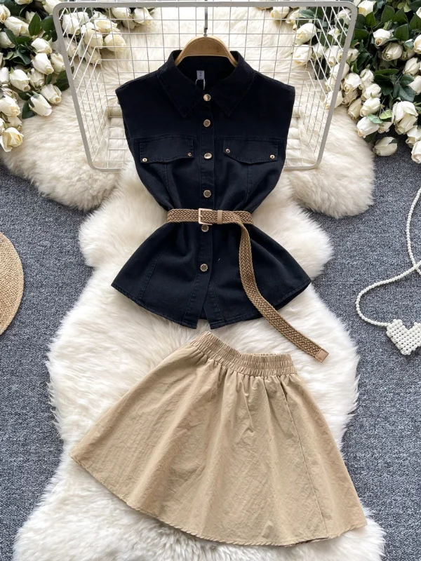 Black Denim Top Beige Skirt Two-Piece Outfit a-line skirt cut