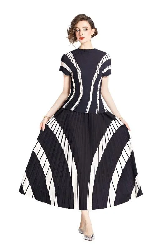 Black Multi Striped Two Piece Skirt Set velvet skirt rich