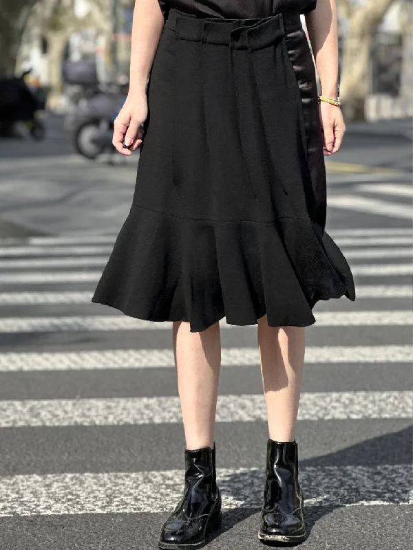 Black Pleated Detail Satin Patch Knee-length Skirt cashmere skirt fine