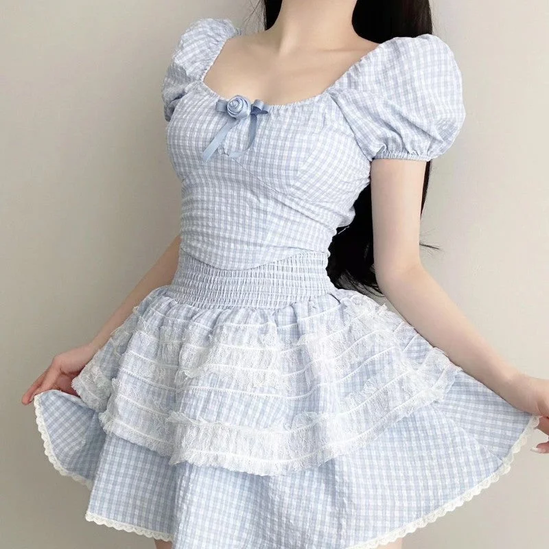 Blue plaid top + high waist tutu skirt two-piece set PL53517 lace skirt feminine