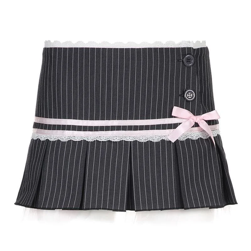 Bowknot lace hem pleated button striped print mini skirt cashmere skirt soft