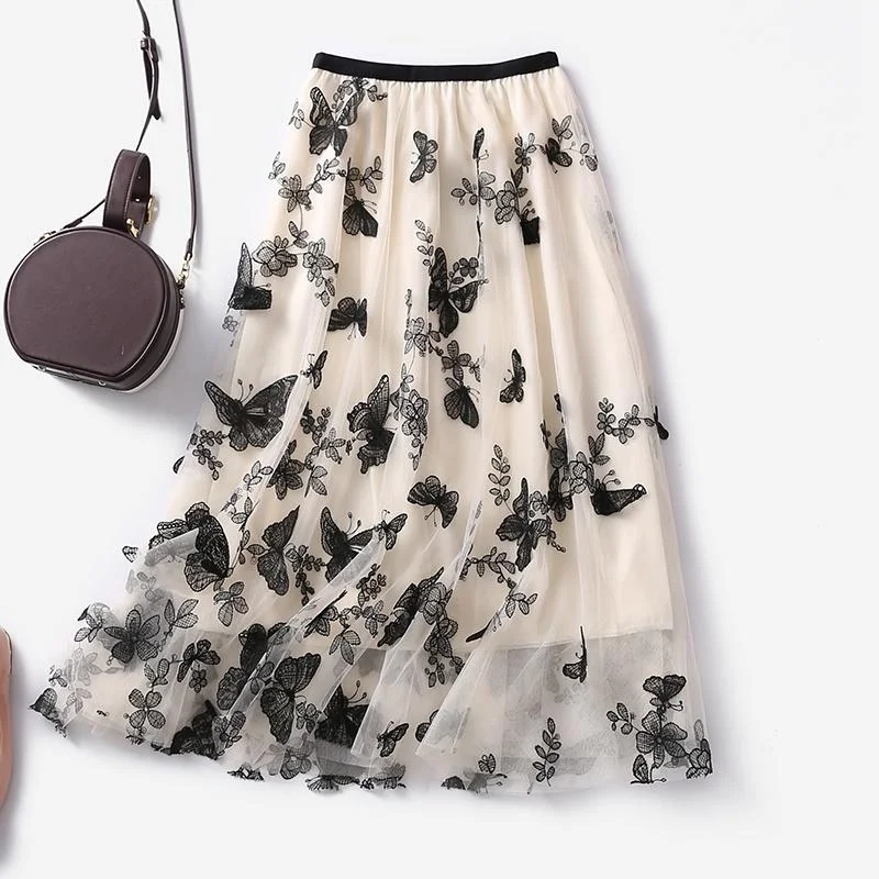 Butterfly embroidery Women Chiffon Skirt Mid-length A-line Skirt Plus Size Fairy Skirt Summer Ruffled Elastic Waist Sandy Beach Vacation Daily denim skirt durable