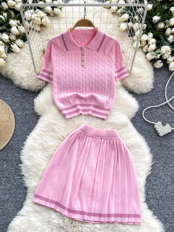 Button-Up Pleated Skirt Top Pink Two-Piece Knit Set breathable skirt fabric