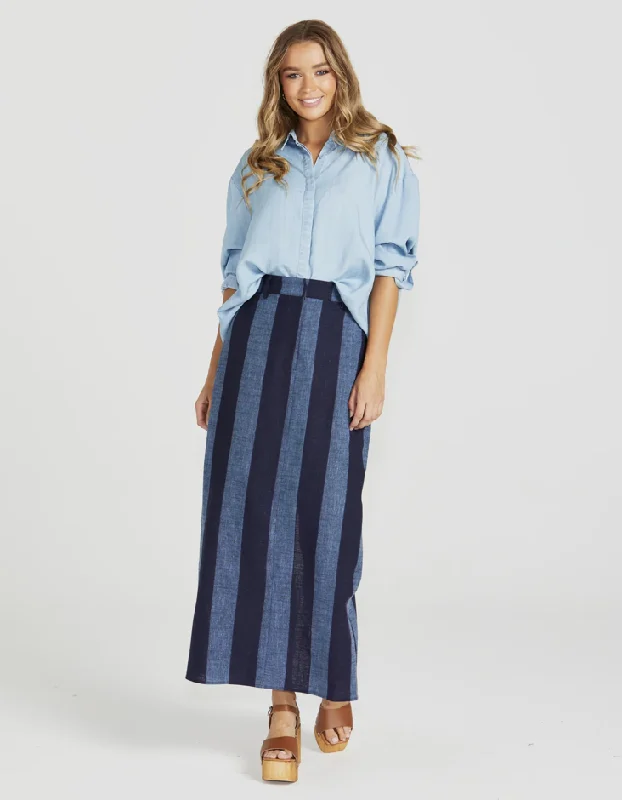 Cailee Maxi Skirt - Navy Stripe velvet skirt luxurious