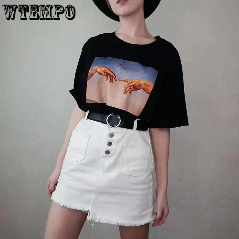 Denim Cotton Cloth Women Sexy Tight A-line High Waist Hip Short Skirt Button Pocket Asymmetric patchwork skirt art