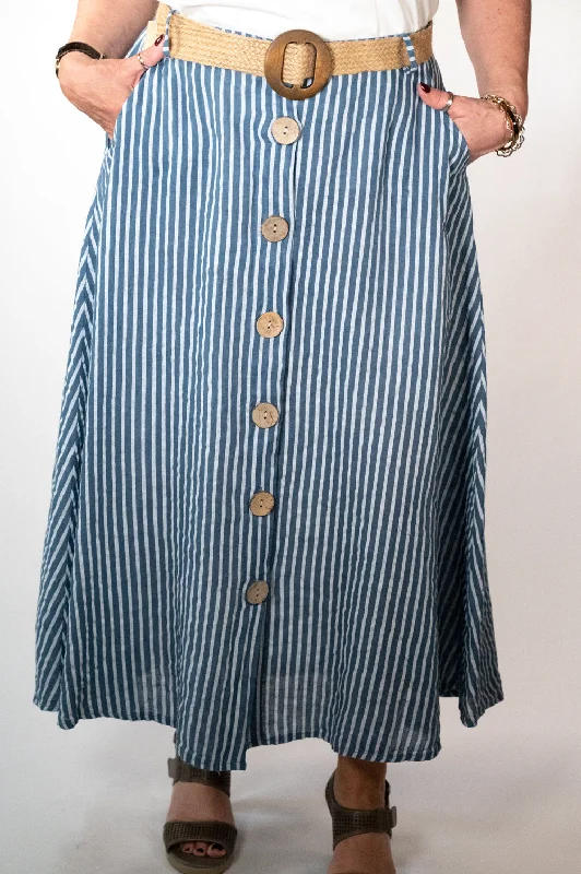 Denim Stripe Belted Midi Skirt corduroy skirt durable