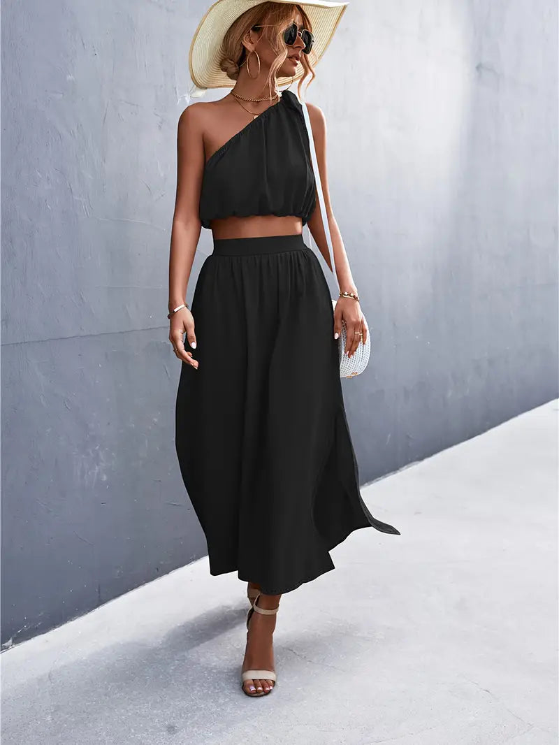 Elegant Split Maxi Skirts Outfits Two-piece Set linen skirt breathable