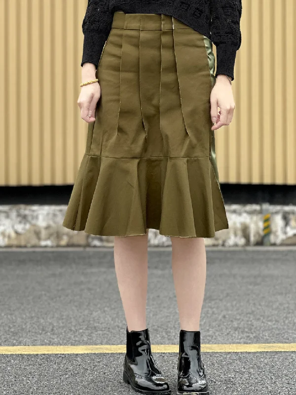 Green Pleated Detail Satin Patch Knee-length Skirt linen skirt light