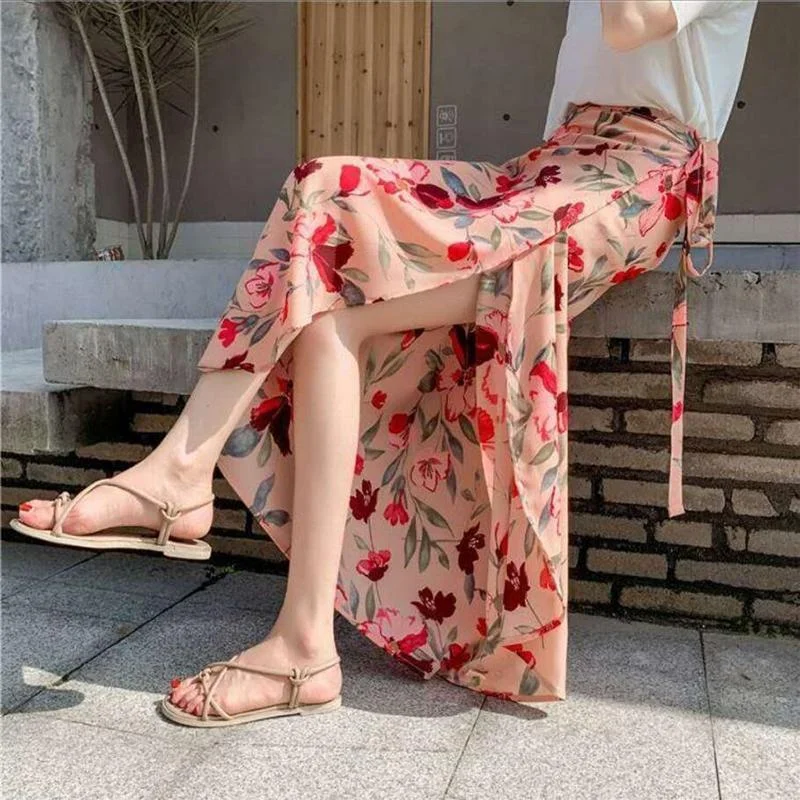 Long Floral Chiffon Casual Skirt A Piece of Cloth Women Summer Long Beach Wrap Skirt ruffled skirt detail