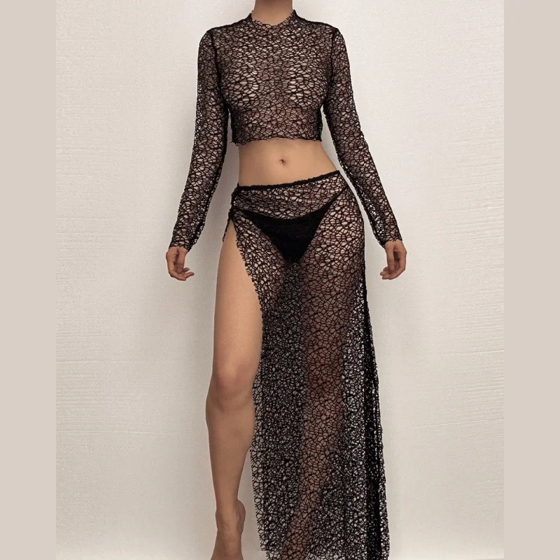 Long sleeve fishnet see through high slit maxi skirt set pleated skirt texture