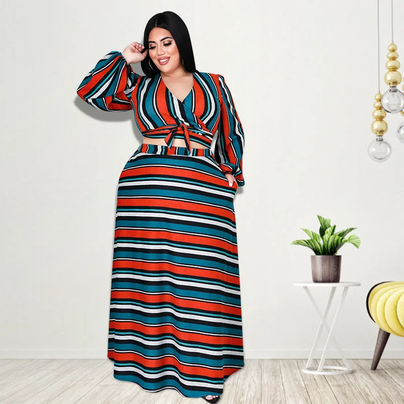 Plus Size Plus Size Women Clothing Autumn Striped Printed Long Sleeves Long Skirt Set wool skirt sturdy