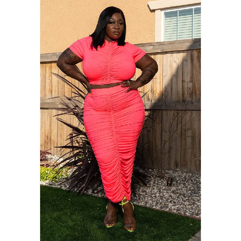 Plus Size Plus Size Women Solid Color Pleated Super Elastic Skirt Set Two-Piece Set elastic waist skirt