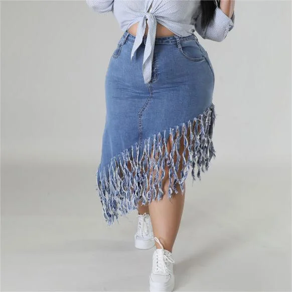 Plus Size Women Clothes Spring Denim Skirt with Tassel Source velvet skirt sumptuous