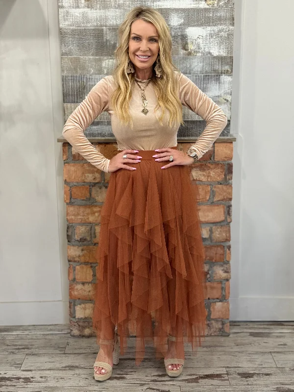 Ruffle Tulle Maxi Skirt in Rust linen skirt airy