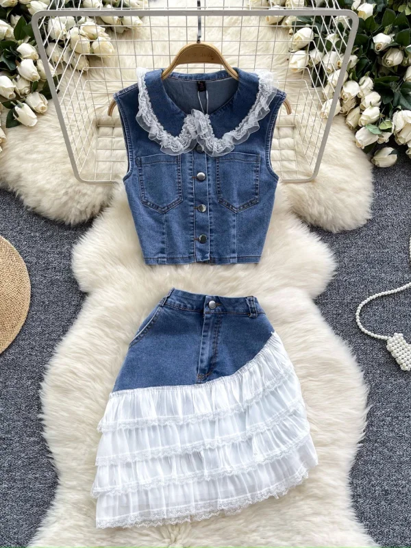 Ruffled Hem Lace Denim Vest and Skirt Set slim fit skirt