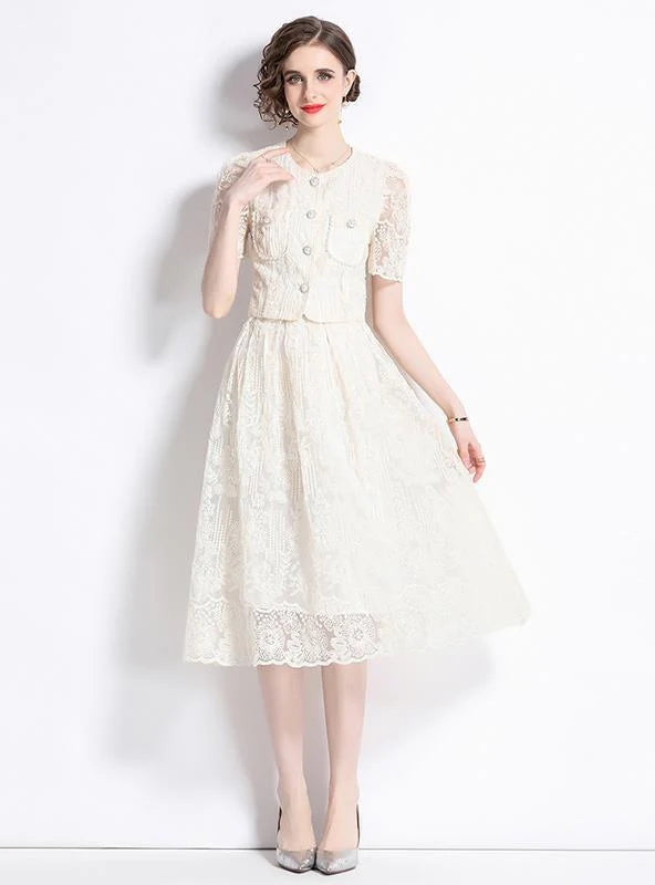 SHORT SLEEVE LACE SHIRT+SKIRT TWO-PIECE SUIT tulle skirt dreamy