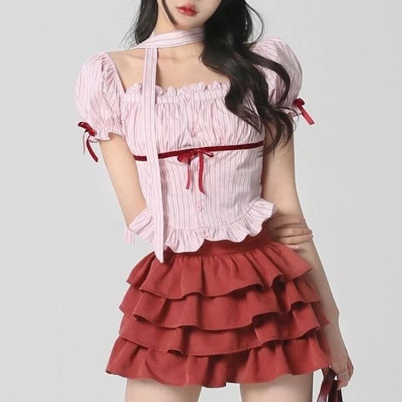 Striped Bow Shirt Red Cake Skirt Two-Piece Set PL53418 high slit skirt