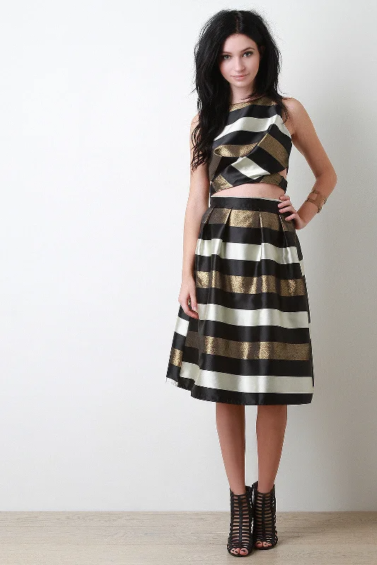 Metallic Stripe Pleated Midi Skirt leather skirt bold