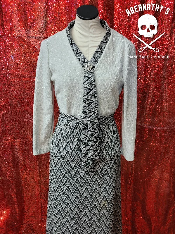 Vintage Silver & Black Shirt & Skirt Set wool skirt warm