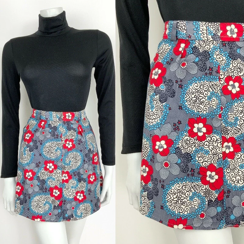 VINTAGE 60s 70s NAVY BLUE WHITE RED PSYCHEDELIC FLORAL MINI SKIRT 10 vintage skirt charm