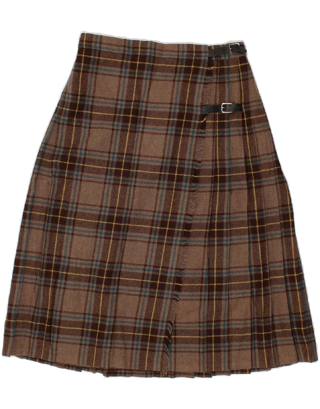 VINTAGE Womens Pleated Wrap Skirt  W30 Medium  Brown Check ribbed skirt waist