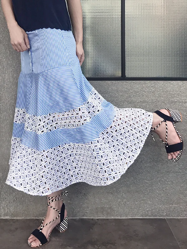 Last Chance! Blue Stripe Embroidered Lace Ruffle Midi Skirt velvet skirt sumptuous