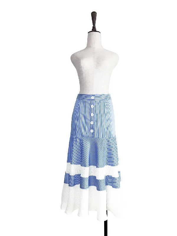 Further Sale! Blue Stripe Geometric Lace Ruffle Midi Skirt asymmetrical skirt cut