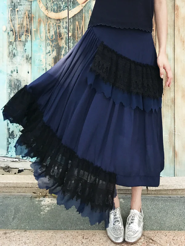 Final Sale! Navy Ruffled Asymmetrical Lace Patch Skirt zip skirt side