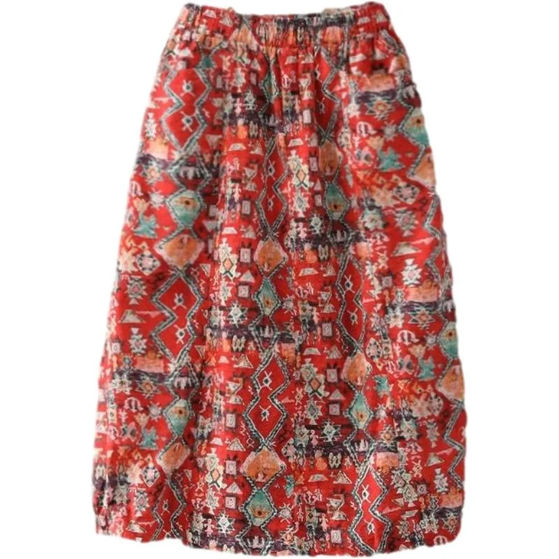 Women Large Size Cotton and Linen A-line Skirt Ethnic Style Printed Short Skirt Knee-length Enthusiasm silk skirt sleek