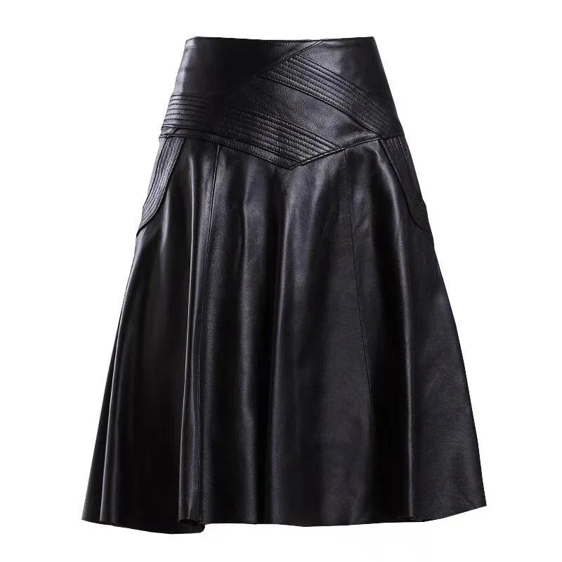 Women Spring Autumn PU Leather Skirts Lady High Waist A-line Skirt Midi Length Black Skirt Women cotton skirt soft