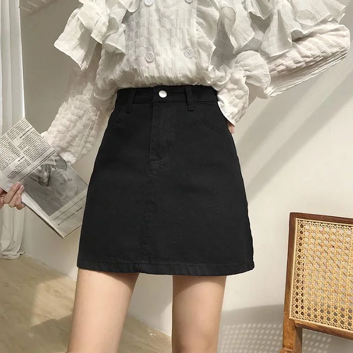 Women Summer High Waist Skirt Casual Solid Color Anti-Darkening Mini Thin Sexy A-line Denim Skirt belted skirt waist