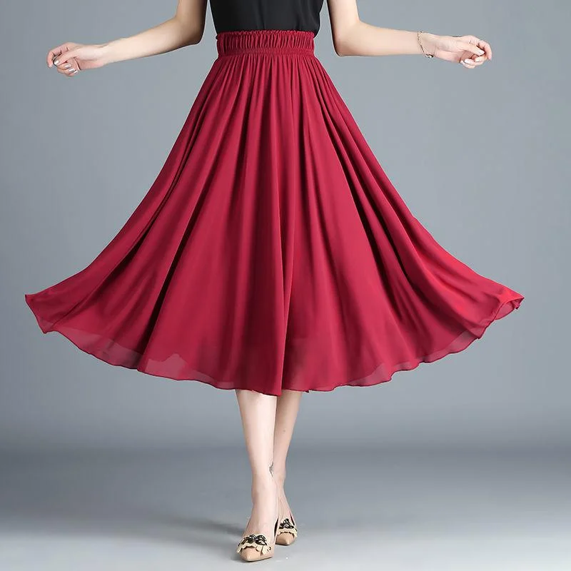 Women Vintage Elegant  High Waist A-line Chiffon Skirt Long Pleated Skirt summer skirt style