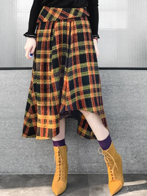 Last Chance! Yellowish Tartan Roll Top High/Low Flowy Skirt spandex blend skirt